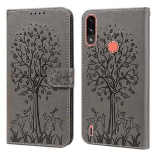 For Motorola Moto E7i Power / E7 Power Tree & Deer Pattern Pressed Printing Horizontal Flip Leather Phone Case(Grey)