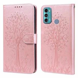 For Motorola Moto G60 Tree & Deer Pattern Pressed Printing Horizontal Flip Leather Phone Case(Pink)