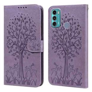 For Motorola Moto G60 Tree & Deer Pattern Pressed Printing Horizontal Flip Leather Phone Case(Purple)