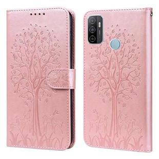 For OPPO A32 / A33 / A52 / A52s Tree & Deer Pattern Pressed Printing Horizontal Flip Leather Phone Case(Pink)