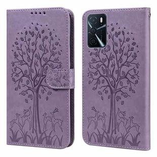 For OPPO A16 Tree & Deer Pattern Pressed Printing Horizontal Flip Leather Phone Case(Purple)