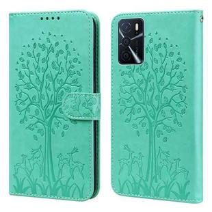 For OPPO A16 Tree & Deer Pattern Pressed Printing Horizontal Flip Leather Phone Case(Green)
