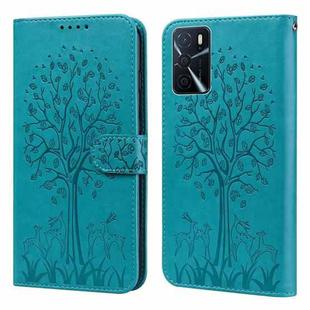 For OPPO A16 Tree & Deer Pattern Pressed Printing Horizontal Flip Leather Phone Case(Blue)