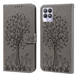 For Realme 8i Tree & Deer Pattern Pressed Printing Horizontal Flip Leather Phone Case(Grey)