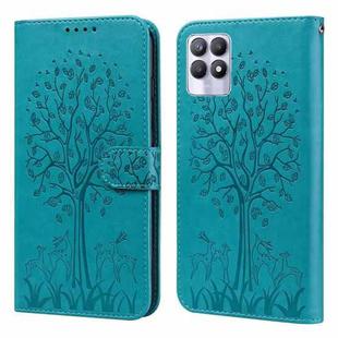 For Realme 8i Tree & Deer Pattern Pressed Printing Horizontal Flip Leather Phone Case(Blue)