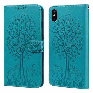 For iPhone XS Max Tree & Deer Pattern Pressed Printing Horizontal Flip Leather Phone Case(Blue)