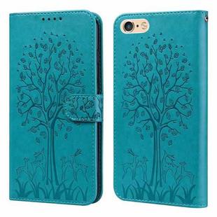For iPhone SE 2022 / 7 / 8 / SE 2020 Tree & Deer Pattern Pressed Printing Horizontal Flip Leather Phone Case(Blue)
