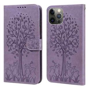 For iPhone 11 Pro Tree & Deer Pattern Pressed Printing Horizontal Flip Leather Phone Case (Purple)