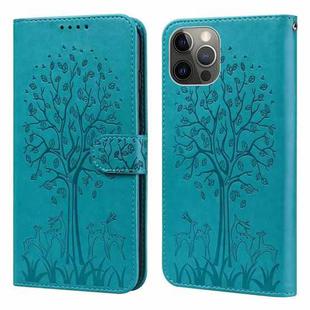 For iPhone 11 Pro Tree & Deer Pattern Pressed Printing Horizontal Flip Leather Phone Case (Blue)