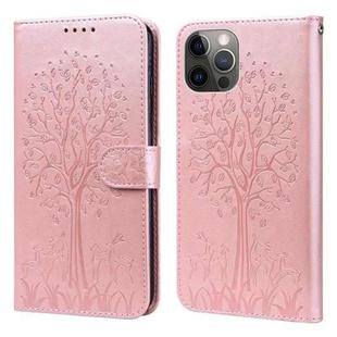 For iPhone 12 / 12 Pro Tree & Deer Pattern Pressed Printing Horizontal Flip Leather Phone Case(Pink)