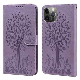 For iPhone 12 / 12 Pro Tree & Deer Pattern Pressed Printing Horizontal Flip Leather Phone Case(Purple)