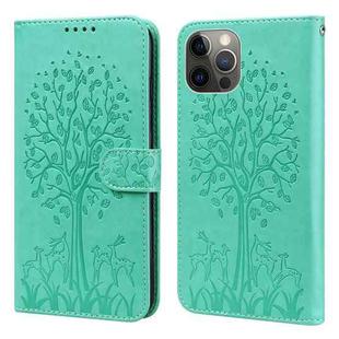 For iPhone 12 / 12 Pro Tree & Deer Pattern Pressed Printing Horizontal Flip Leather Phone Case(Green)
