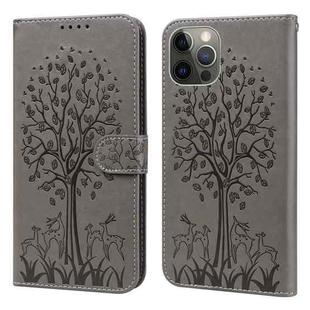 For iPhone 12 / 12 Pro Tree & Deer Pattern Pressed Printing Horizontal Flip Leather Phone Case(Grey)