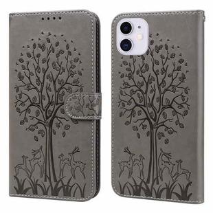 For iPhone 12 mini  / 13 mini Tree & Deer Pattern Pressed Printing Horizontal Flip Leather Phone Case (Grey)