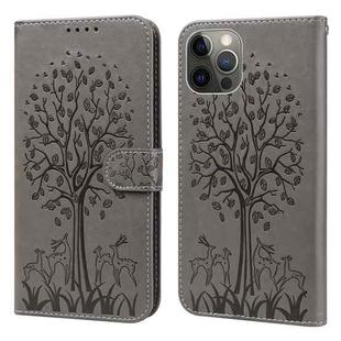 For iPhone 13 Pro Tree & Deer Pattern Pressed Printing Horizontal Flip Leather Phone Case (Grey)