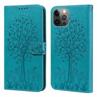 For iPhone 13 Pro Tree & Deer Pattern Pressed Printing Horizontal Flip Leather Phone Case (Blue)