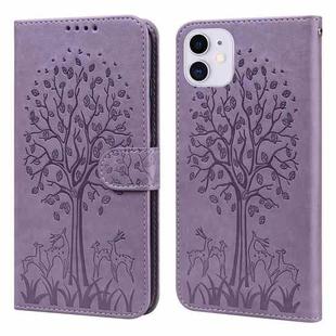For iPhone 13 Tree & Deer Pattern Pressed Printing Horizontal Flip Leather Phone Case(Purple)