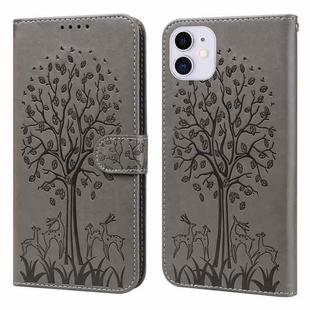 For iPhone 13 Tree & Deer Pattern Pressed Printing Horizontal Flip Leather Phone Case(Grey)