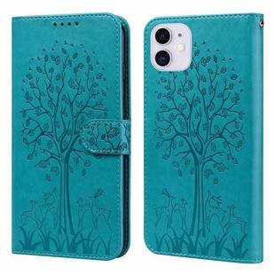 For iPhone 13 Tree & Deer Pattern Pressed Printing Horizontal Flip Leather Phone Case(Blue)