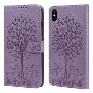 For iPhone X / XS Tree & Deer Pattern Pressed Printing Horizontal Flip Leather Phone Case(Purple)