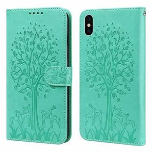 For iPhone X / XS Tree & Deer Pattern Pressed Printing Horizontal Flip Leather Phone Case(Green)