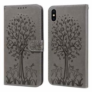 For iPhone X / XS Tree & Deer Pattern Pressed Printing Horizontal Flip Leather Phone Case(Grey)