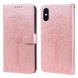 For iPhone XR Tree & Deer Pattern Pressed Printing Horizontal Flip Leather Phone Case(Pink)