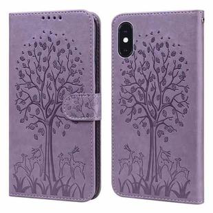 For iPhone XR Tree & Deer Pattern Pressed Printing Horizontal Flip Leather Phone Case(Purple)