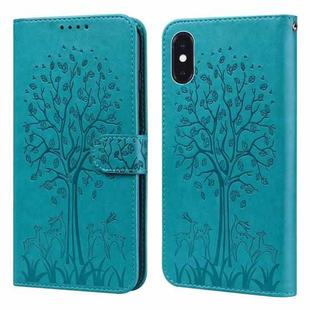 For iPhone XR Tree & Deer Pattern Pressed Printing Horizontal Flip Leather Phone Case(Blue)