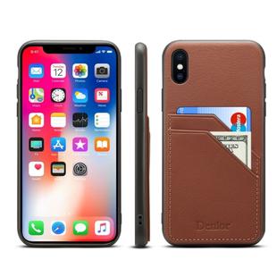 For iPhone XR Denior V1 Luxury Car Cowhide Leather Protective Case with Double Card Slots(Brown)