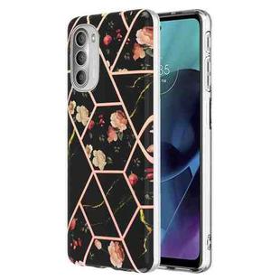 For Motorola Moto G51 5G Splicing Marble Flower Pattern TPU Phone Case(Black Flower)