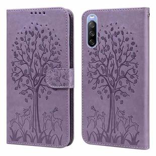 For Sony Xperia 10 III Tree & Deer Pattern Pressed Flip Leather Phone Case(Purple)