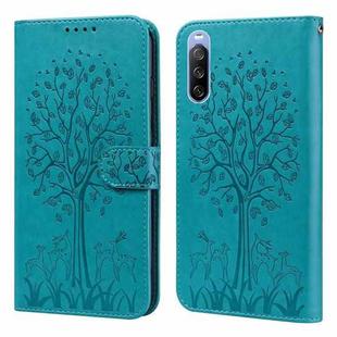 For Sony Xperia 10 III Tree & Deer Pattern Pressed Flip Leather Phone Case(Blue)