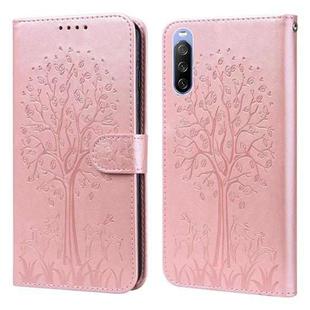 For Sony Xperia 10 III Tree & Deer Pattern Pressed Flip Leather Phone Case(Pink)