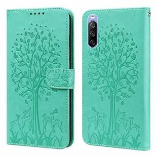 For Sony Xperia 10 III Tree & Deer Pattern Pressed Flip Leather Phone Case(Green)