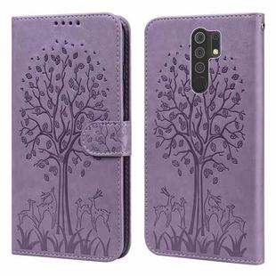 For Xiaomi Redmi 9 / Redmi 10X Tree & Deer Pattern Pressed Flip Leather Phone Case(Purple)