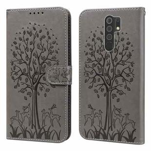 For Xiaomi Redmi 9 / Redmi 10X Tree & Deer Pattern Pressed Flip Leather Phone Case(Grey)