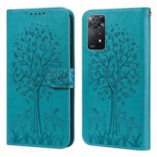 For Xiaomi Redmi Note 11 4G Tree & Deer Pattern Pressed Flip Leather Phone Case(Blue)