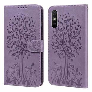 For Xiaomi Redmi 9A Tree & Deer Pattern Pressed Flip Leather Phone Case(Purple)