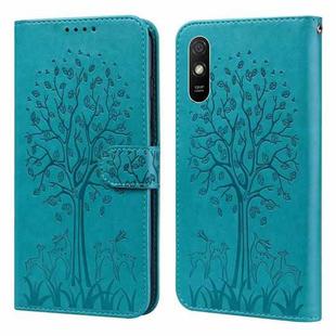 For Xiaomi Redmi 9A Tree & Deer Pattern Pressed Flip Leather Phone Case(Blue)