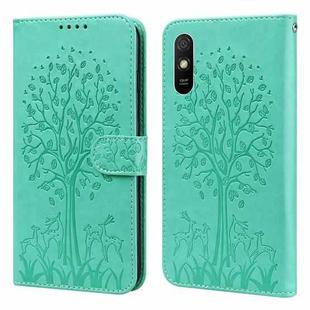 For Xiaomi Redmi 9A Tree & Deer Pattern Pressed Flip Leather Phone Case(Green)