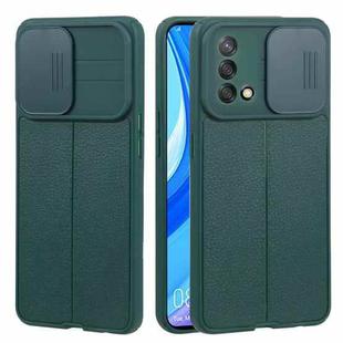 For OPPO A74 4G / F19 Litchi Texture Sliding Camshield TPU Phone Case(Dark Green)