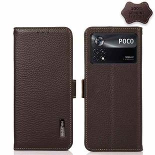 For Xiaomi Poco X4 Pro 5G KHAZNEH Side-Magnetic Litchi Genuine Leather RFID Phone Case(Brown)