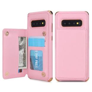 For Galaxy S10+ POLA TPU + PC Plating Full Coverage Protective Case with Holder & Card Slots & Photo Frame(Pink)