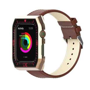 Metal Frame Leather Watch Band For Apple Watch Series 7 41mm / 6&SE&5&4 40mm / 3&2&1 38mm(Brown Gold Red)