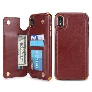 For iPhone XR POLA TPU + PC Plating Full Coverage Protective Case with Holder & Card Slots & Photo Frame(Brown)