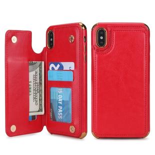 For iPhone XS Max POLA TPU + PC Plating Full Coverage Protective Case with Holder & Card Slots & Photo Frame(Red)