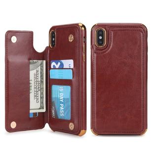 For iPhone X / XS POLA TPU + PC Plating Full Coverage Protective Case with Holder & Card Slots & Photo Frame(Brown)