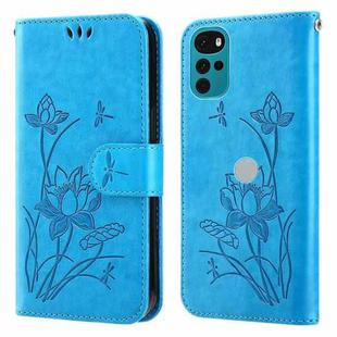 For Motorola Moto G22 Lotus Embossed Leather Phone Case(Blue)