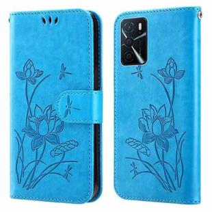 For OPPO A16 Lotus Embossed Leather Phone Case(Blue)